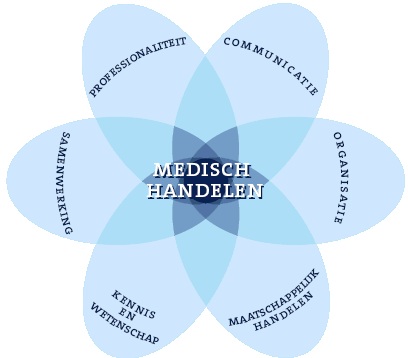 CanMeds competenties: (1) professionaliteit, (2) communicatie, (3) organisatie, (4) maatschappelijk handelen, (5) kennis en wetenschap en (6) samenwerking. Deze zes vormen samen de overkoepelende competentie (7) medisch handelen.